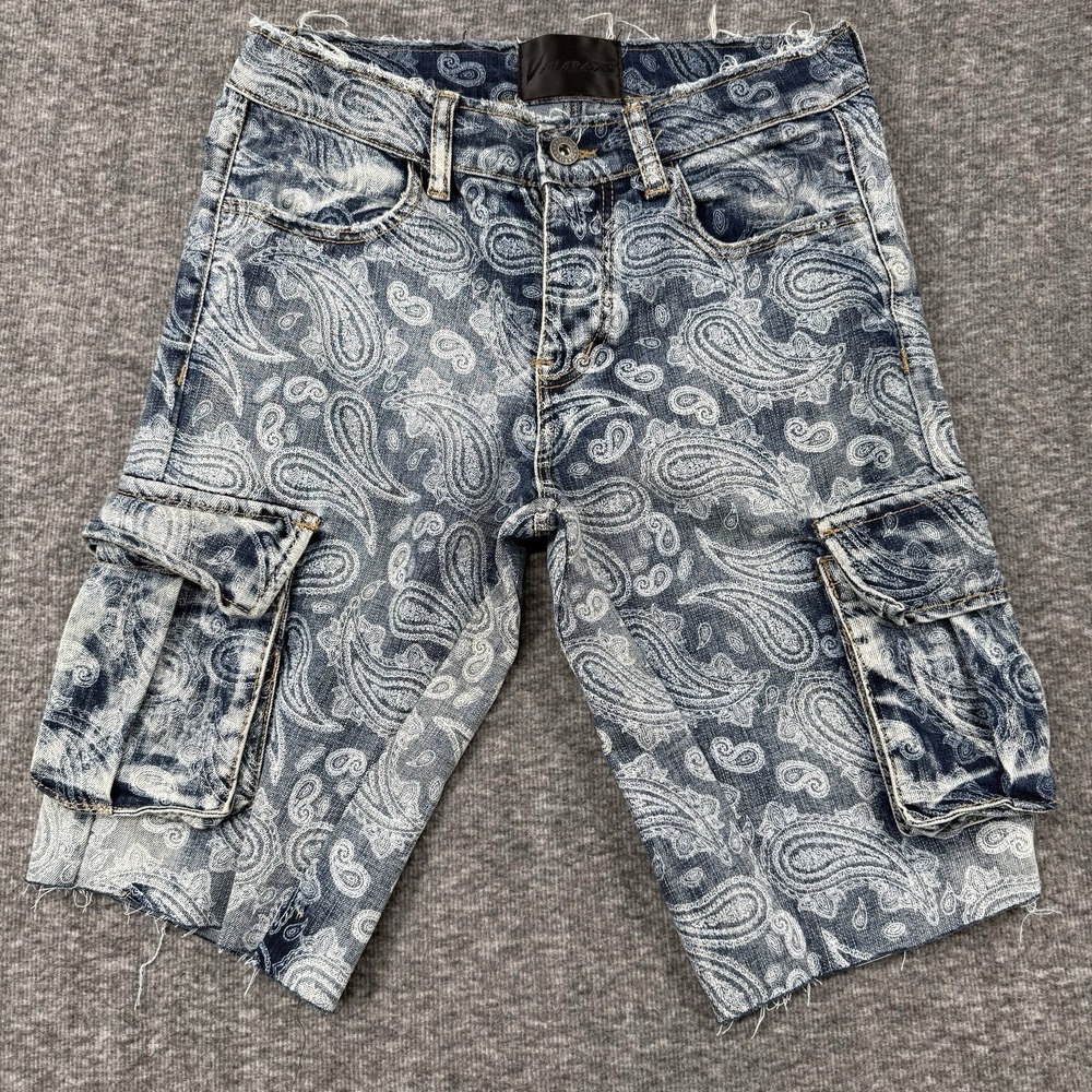 Valabasas Paisley Denim Cargo Shorts Mens Size 29 Distressed Cutoff Jean